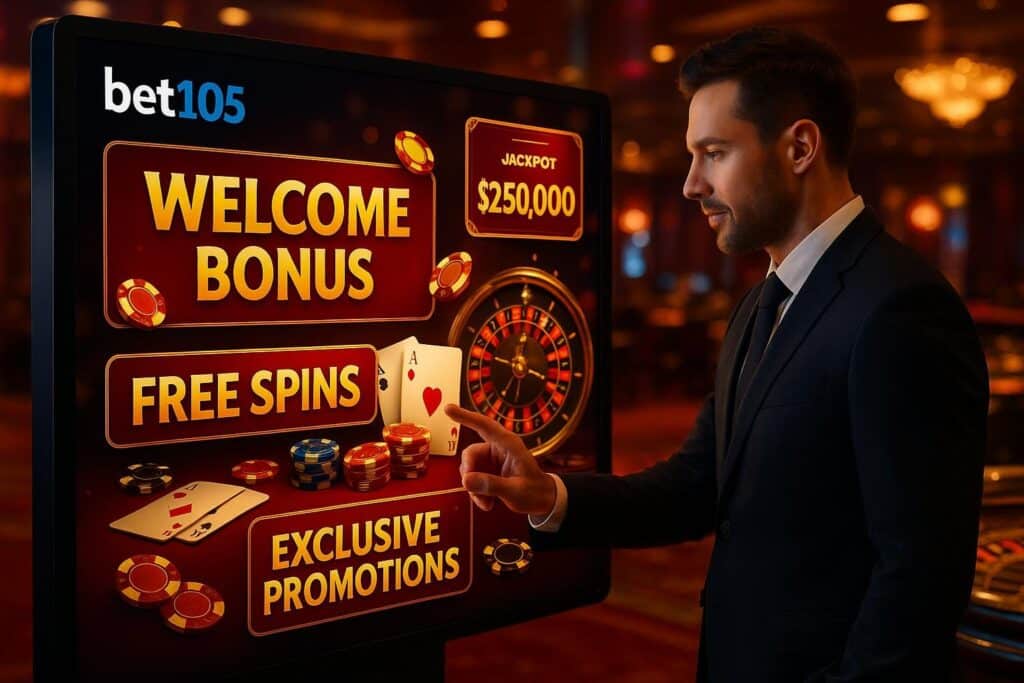 Man exploring Bet105 Casino Bonuses and Promotions screen showcasing welcome bonus free spins and exclusive promotions in a luxurious casino setting.
