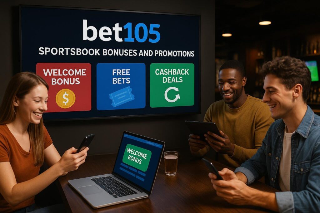 People engaging with Bet105 Sportsbook Bonuses and Promotions on digital devices featuring welcome bonuses free bets and cashback deals in a lively social setting.