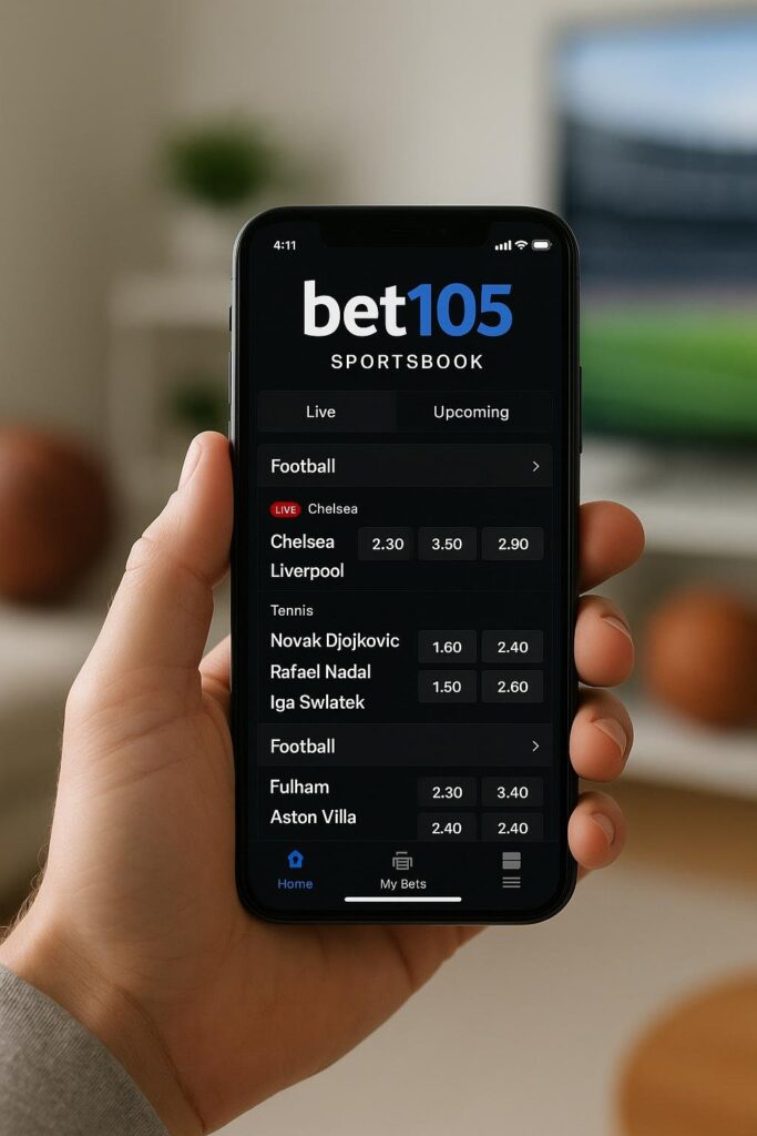 User holding a smartphone showcasing the Bet105 Sportsbook Mobile App interface featuring live football and tennis betting options like Chelsea vs Liverpool and Nadal vs Swiatek.
