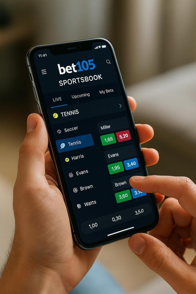 User enjoying Bet105 Sportsbook Mobile User Experience on smartphone showcasing live tennis betting options and seamless navigation for a superior sportsbook interaction.