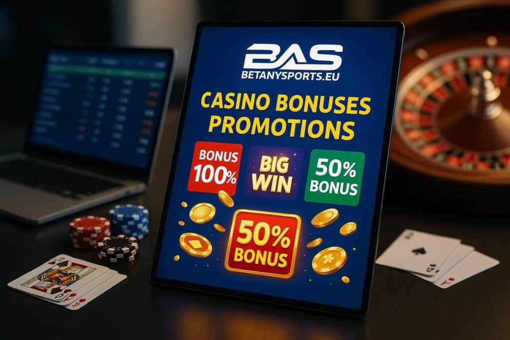 BetAnySports Casino Bonuses and Promotions displayed on a tablet highlighting 50 percent and 100 percent bonus offers with poker chips and playing cards nearby.