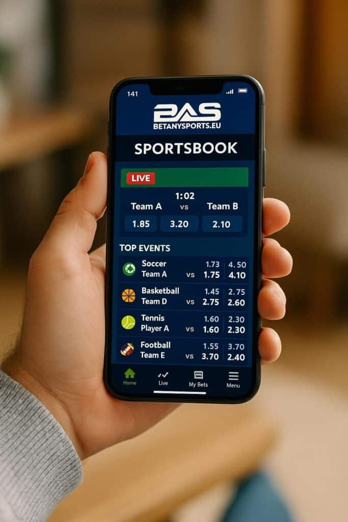 BetAnySports Mobile App displayed on a smartphone showing live sports betting options for users to place bets on soccer basketball tennis and football games easily.