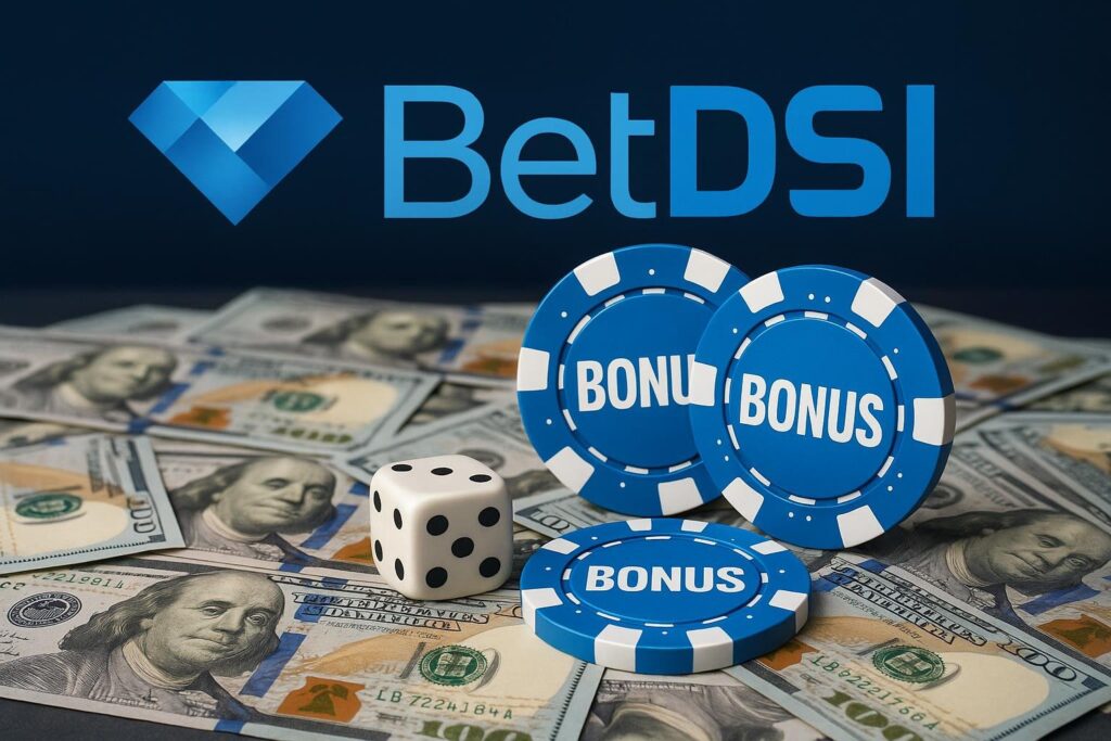 BetDSI bonuses and promotions concept featuring poker chips labeled bonus dice and hundred-dollar bills highlighting exciting offers and incentives for bettors.