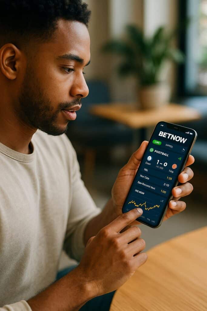 A man uses the BetNow app on his smartphone showing sports scores and charts, demonstrating the seamless BetNow Mobile User Experience for sports betting enthusiasts.