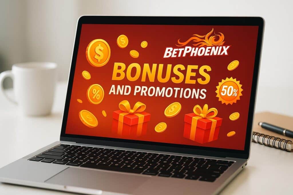 Exciting BetPhoenix Bonuses and Promotions displayed on a laptop screen showing gift boxes and coins showcasing lucrative offers and deals for online gaming enthusiasts.