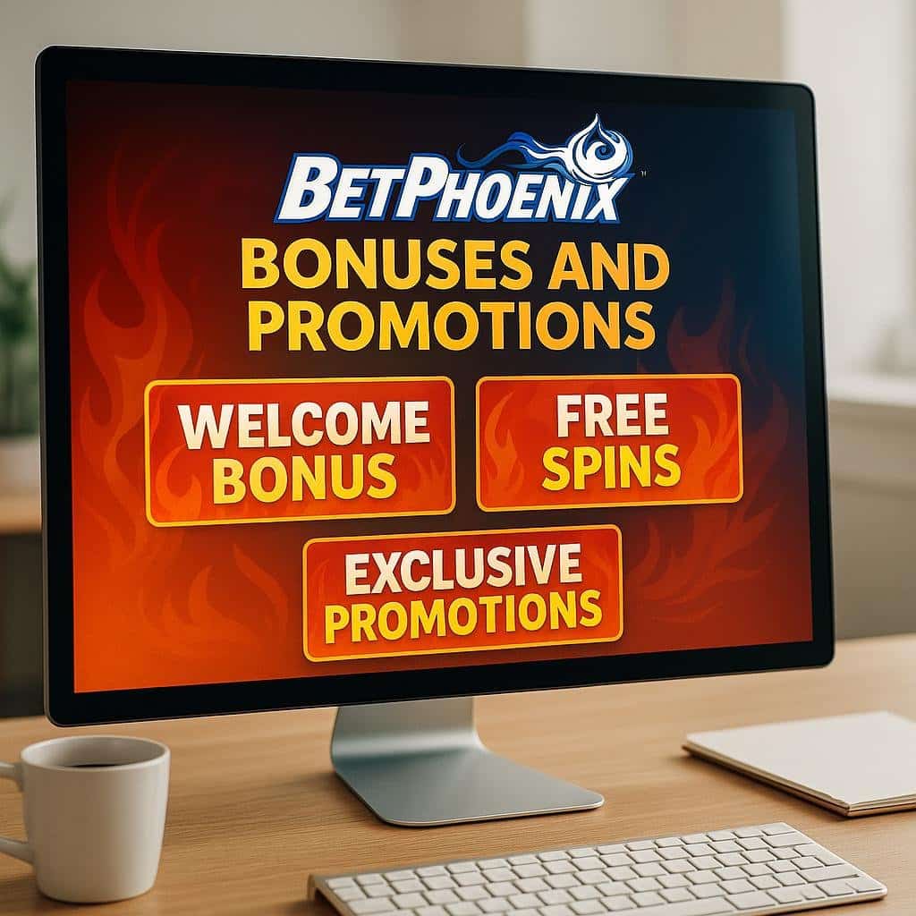 Computer screen displaying BetPhoenix Bonuses and Promotions including welcome bonus free spins and exclusive promotions for enhanced betting experiences online.
