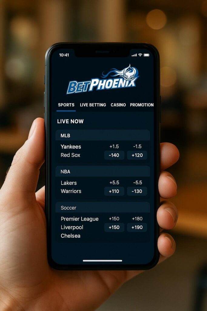 Person holding a smartphone with BetPhoenix Mobile App showing live sports betting options for MLB, NBA, and Soccer. Enhance your betting experience on the go.