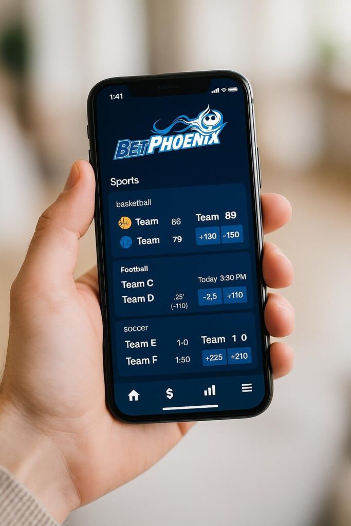 Person holding smartphone displaying BetPhoenix Mobile User Experience featuring sports scores for basketball, football, and soccer ensuring seamless betting navigation.