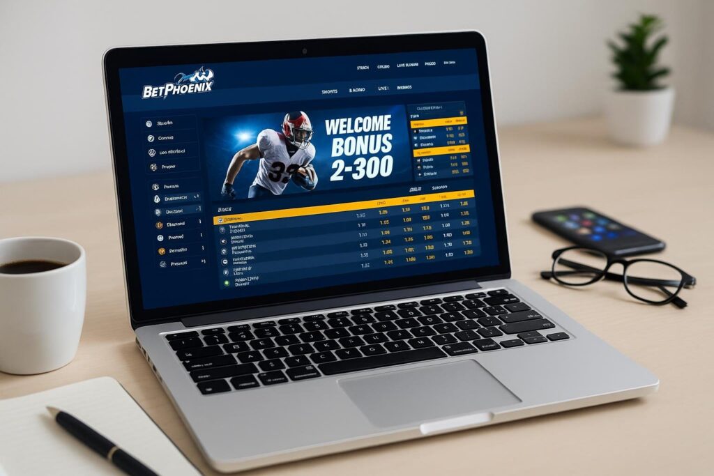Laptop displaying the BetPhoenix website with welcome bonus promotion. BetPhoenix Review highlights online betting platform features and user-friendly interface.