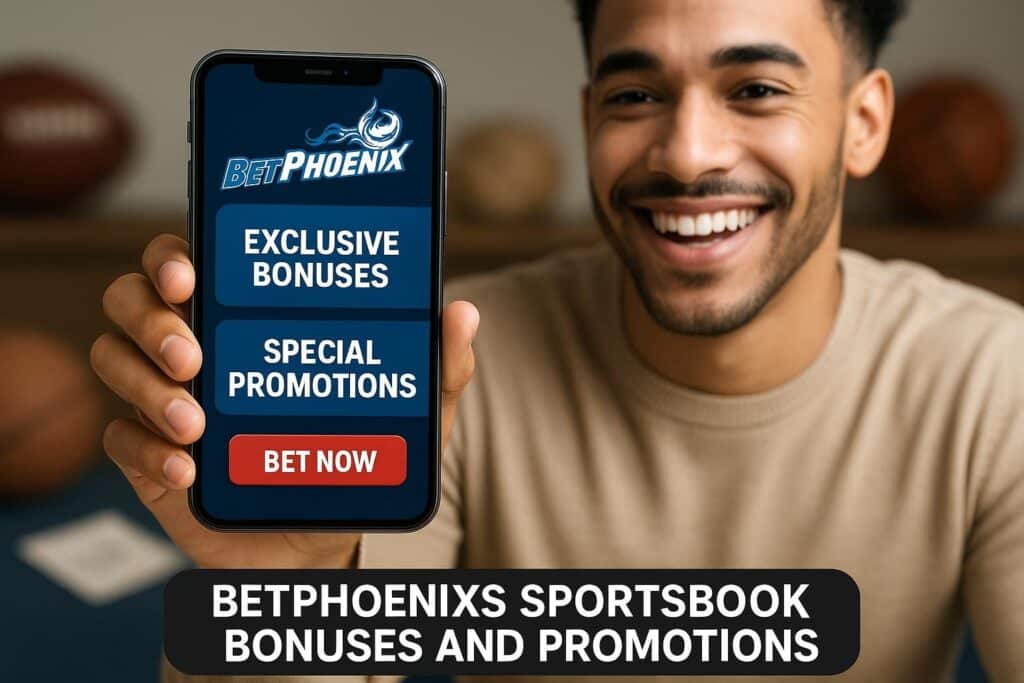 Smiling man holding a phone displaying BetPhoenix Sportsbook Bonuses and Promotions showcasing exclusive offers for bettors seeking exciting opportunities to enhance their gaming experience.