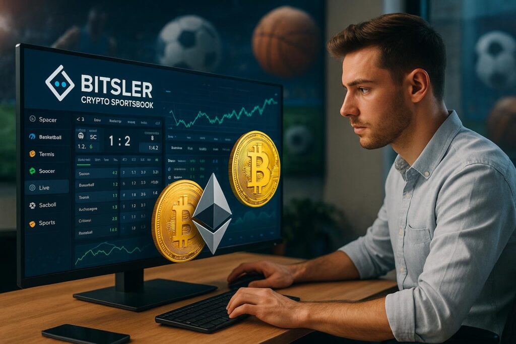 Person using a computer displaying Bitsler Crypto Sportsbook interface featuring digital currencies like Bitcoin and Ethereum with sports elements in the background.