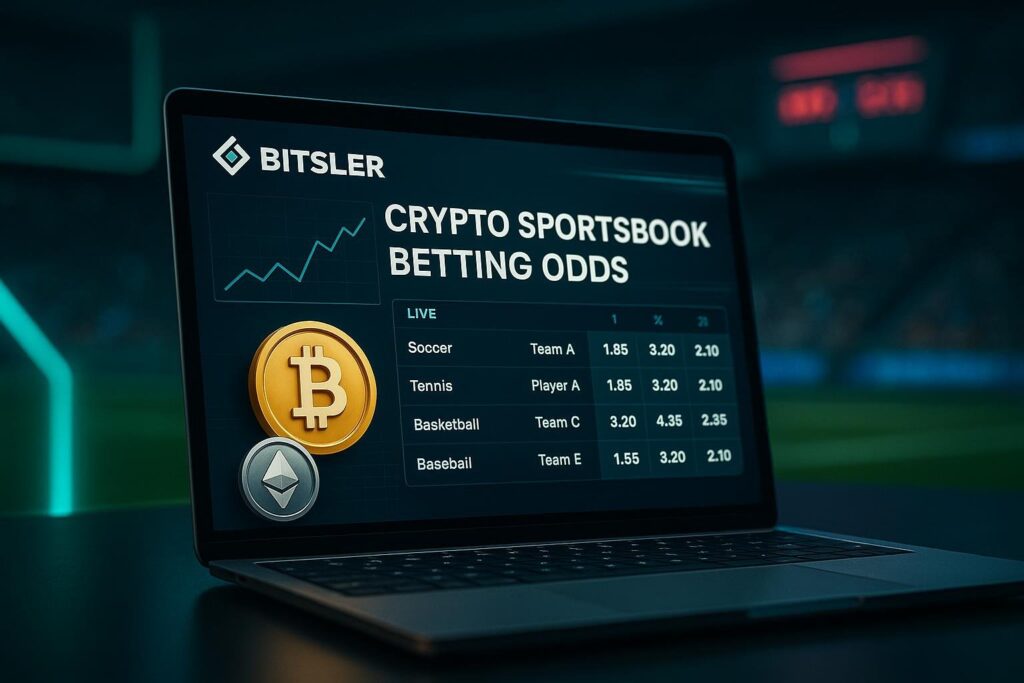 Laptop displaying Bitsler Crypto Sportsbook Betting Odds with digital logos. Shows odds for soccer, tennis, basketball, and baseball on a dark sports-themed background.