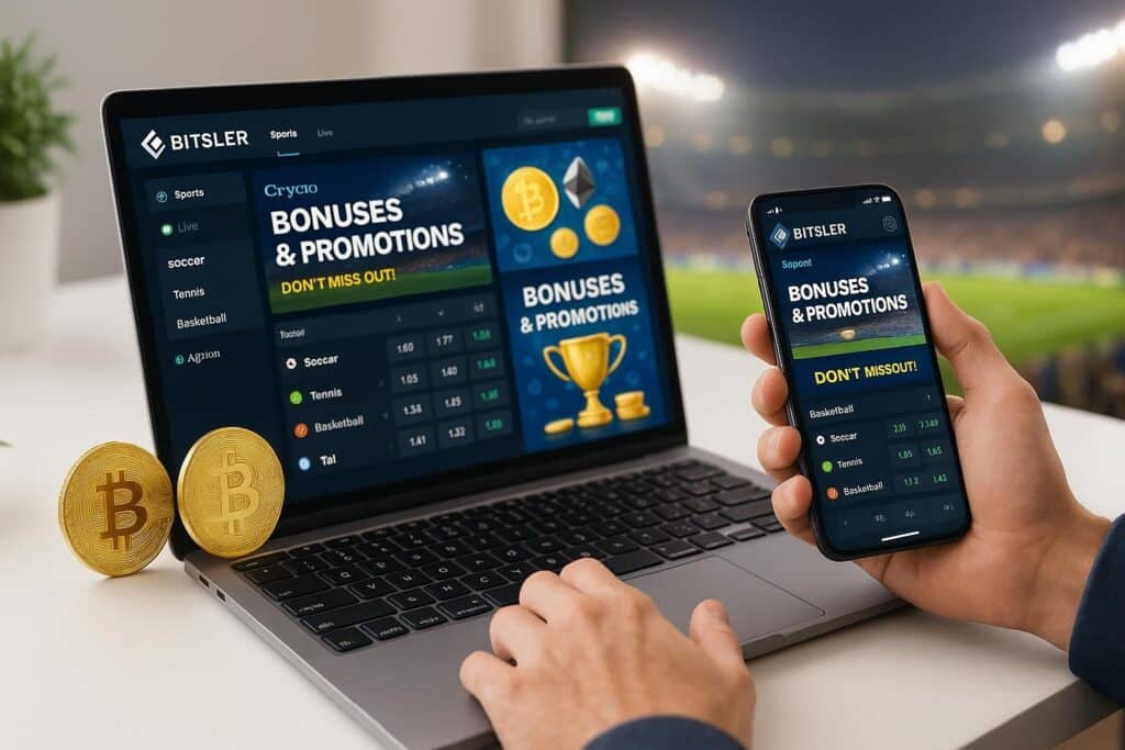 Person checks Bitsler Crypto Sportsbook on laptop and phone featuring bonuses and promotions. Discover exciting offers and promotions at Bitsler Crypto Sportsbook today.