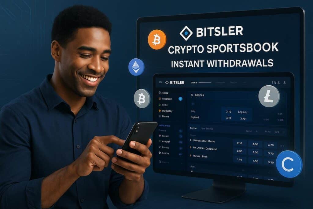 A man using his phone with a screen displaying Bitsler Crypto Sportsbook offering instant withdrawals in over 30 cryptocurrencies showcasing convenience and speed.