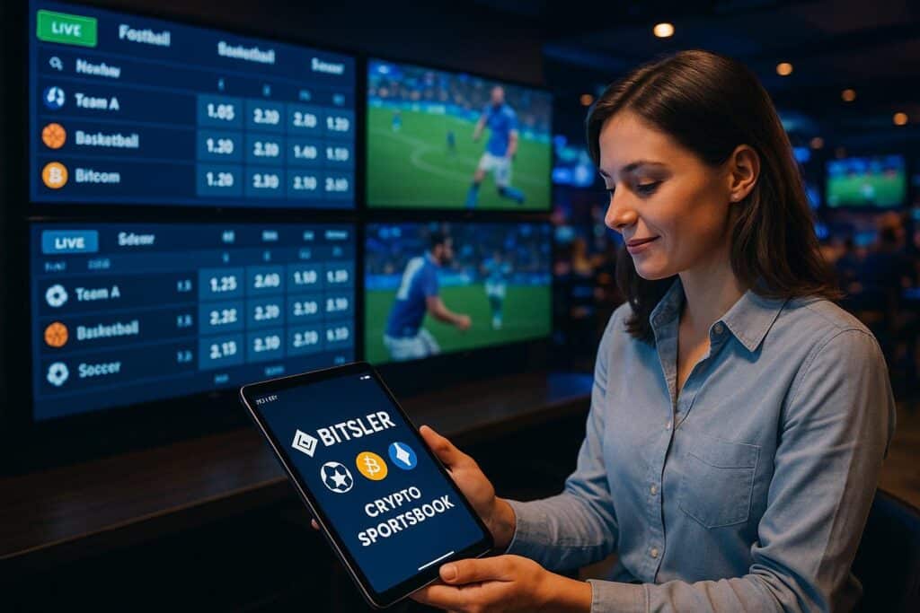 Woman engaging in live sports betting at Bitsler Crypto Sportsbook displaying odds for football basketball and more emphasizing seamless digital sports wagering experience.