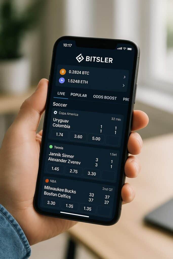 Person holding smartphone displaying Bitsler Crypto Sportsbook Mobile App interface showing various sports betting options including soccer tennis and NBA.