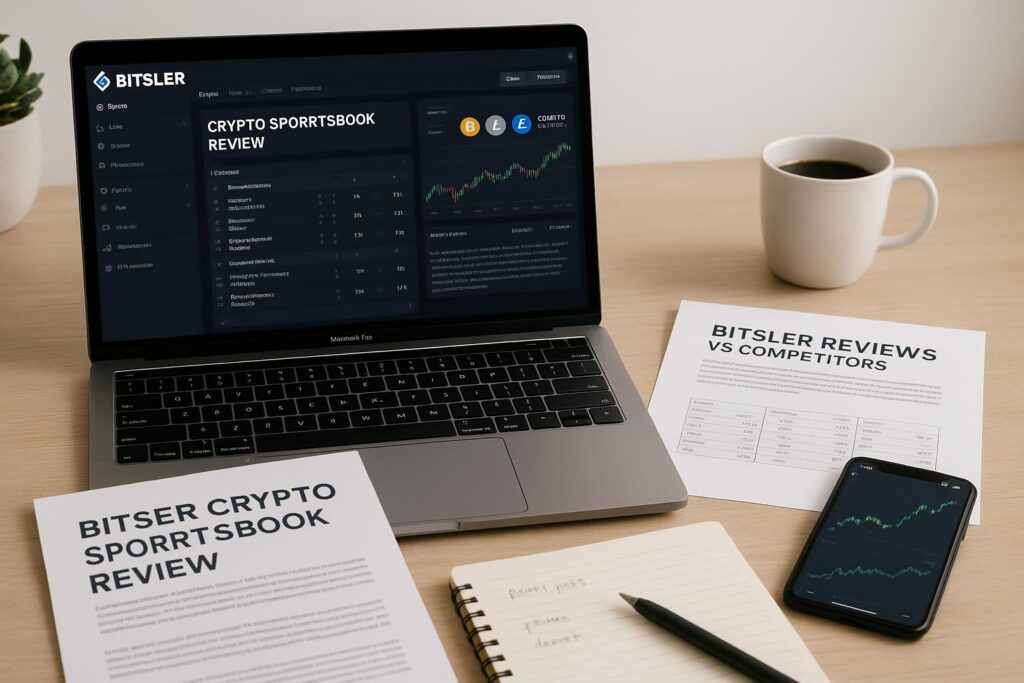 Laptop displaying Bitsler Crypto Sportsbook Review with documents on Bitsler Reviews vs Our Competitor and Bitsler Reviews on a desk for a comprehensive analysis comparison.