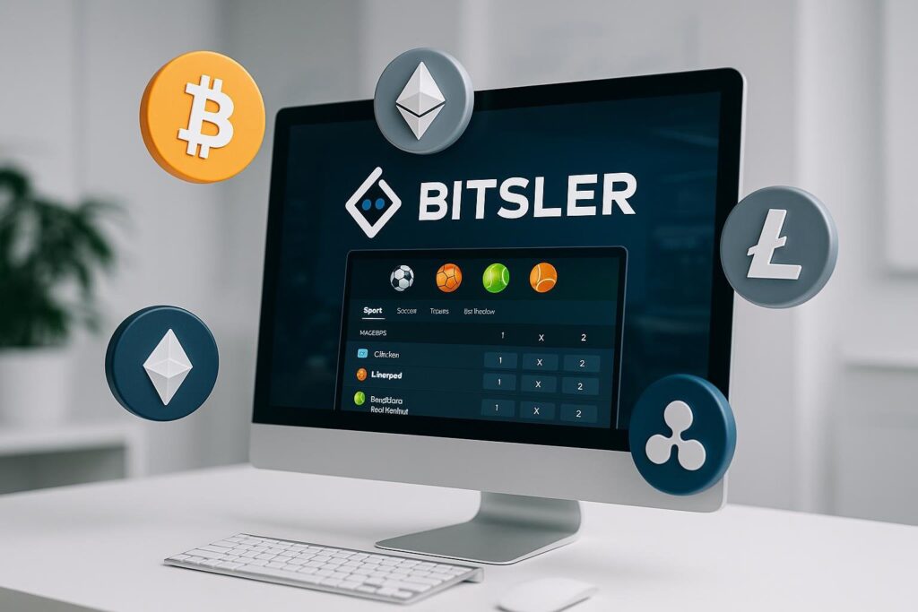Bitsler Crypto Sportsbook interface displayed on a computer screen featuring supported cryptocurrencies like Bitcoin Ethereum Litecoin highlighting digital betting options.