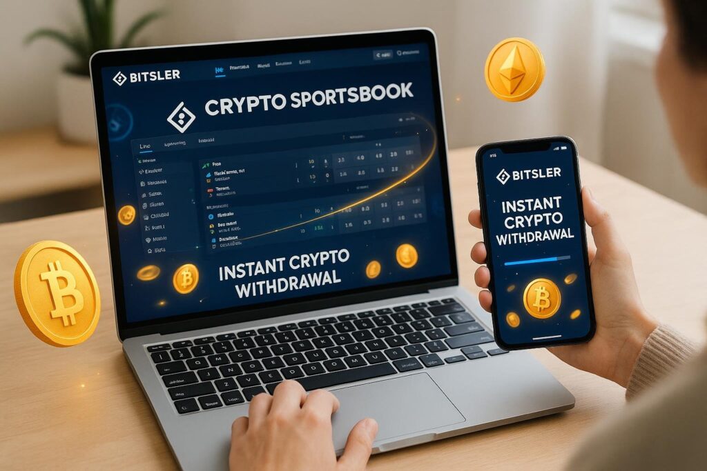 Laptop and smartphone displaying Bitsler Crypto Sportsbook with Instant Crypto Withdrawal interface surrounded by Bitcoin symbols highlighting seamless cryptocurrency transactions.