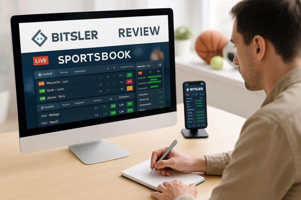 Person reviewing Bitsler Sportsbook on computer and phone screen showing live sports betting platform. Ideal for Bitsler Sportsbook review or online betting insights.