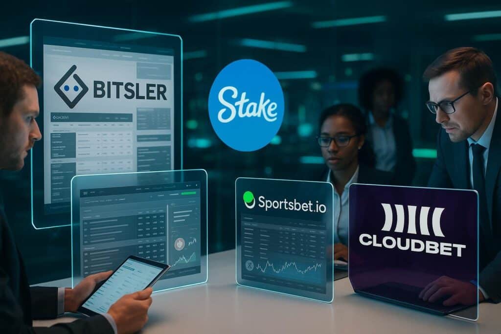 Business professionals analyzing digital screens featuring Bitsler vs Stake, SportsBet.io, and Cloudbet logos, highlighting competitive online betting platforms.
