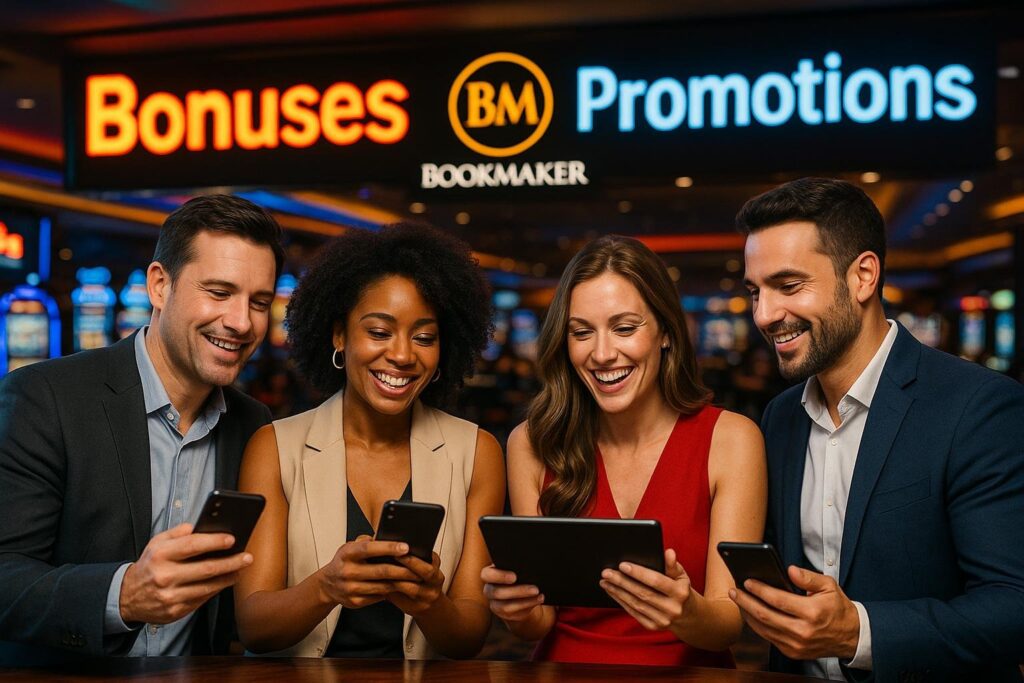 Group enjoying BookMaker Casino Bonuses and Promotions on devices showcasing exciting gambling offers and deals ideal for gaming enthusiasts seeking rewards and incentives.