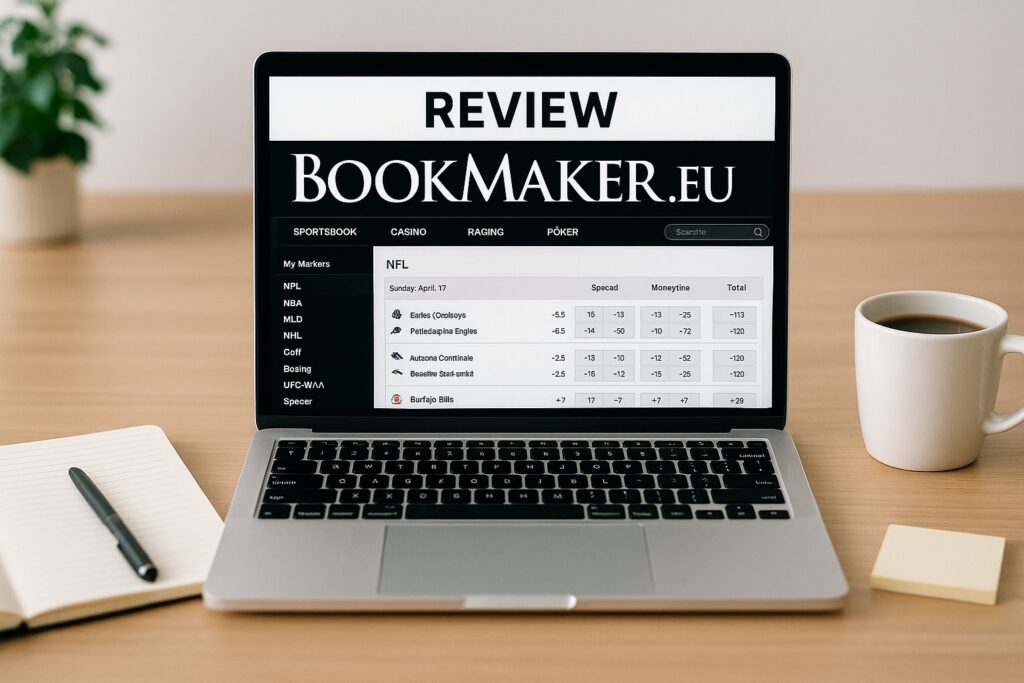 Laptop displaying BookMaker Review website on screen with detailed sports betting odds and analysis. Perfect for those seeking insights and information on BookMaker Review.