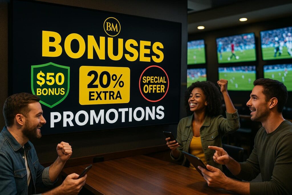 Excited fans celebrate BookMaker Sportsbook Bonuses and Promotions displayed on a screen with offers like 50 dollar bonus and 20 percent extra special offer.