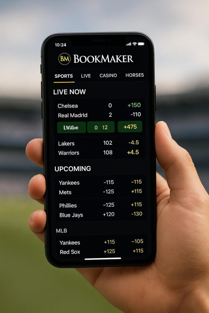 A hand holding a smartphone displaying the BookMaker Sportsbook Mobile App interface showing live scores and odds for sports betting including soccer and basketball.