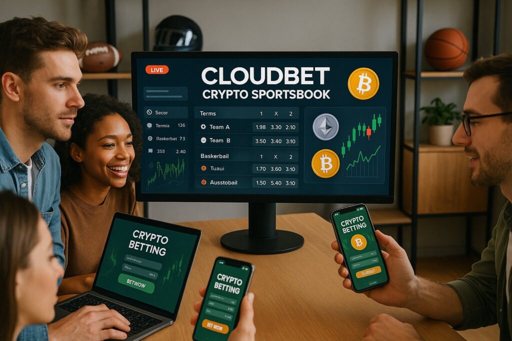 People engaging with Cloudbet Crypto Sportsbook on multiple devices in a modern setting showcasing live crypto betting features and real-time sports odds.