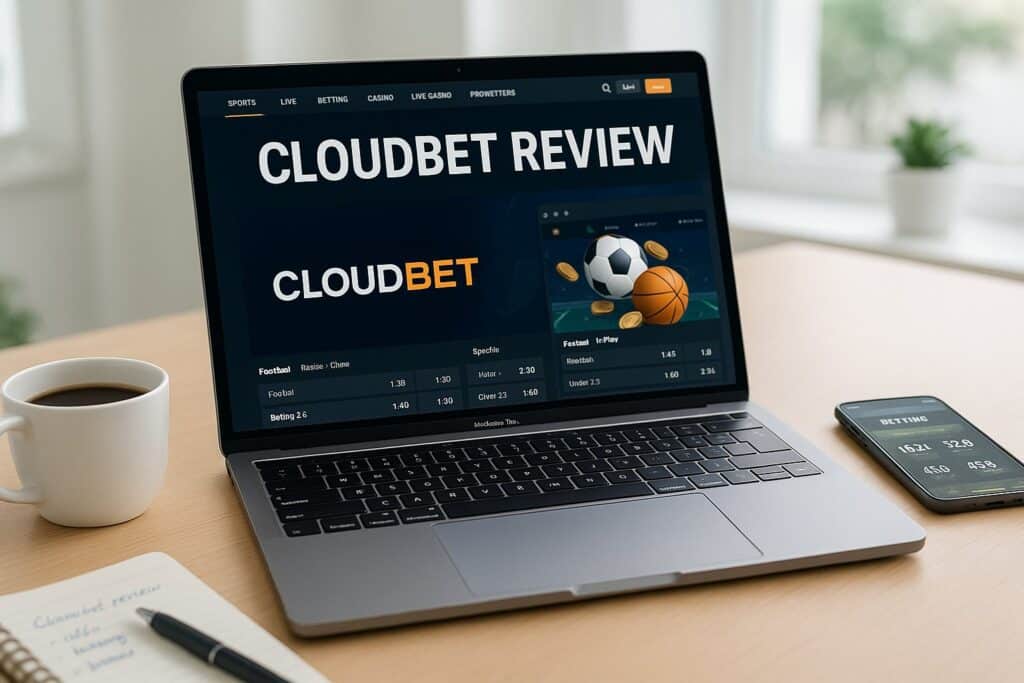 Laptop displaying Cloudbet Review with a phone beside it. Perfect for those seeking insights into Cloudbet's features and performance. Ideal for sports and casino enthusiasts.