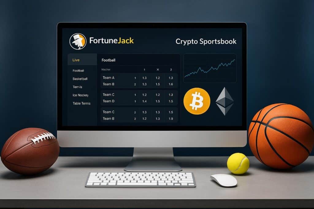Computer screen displaying FortuneJack Crypto Sportsbook interface for betting on various sports using cryptocurrency like Bitcoin and Ethereum with sports equipment nearby.