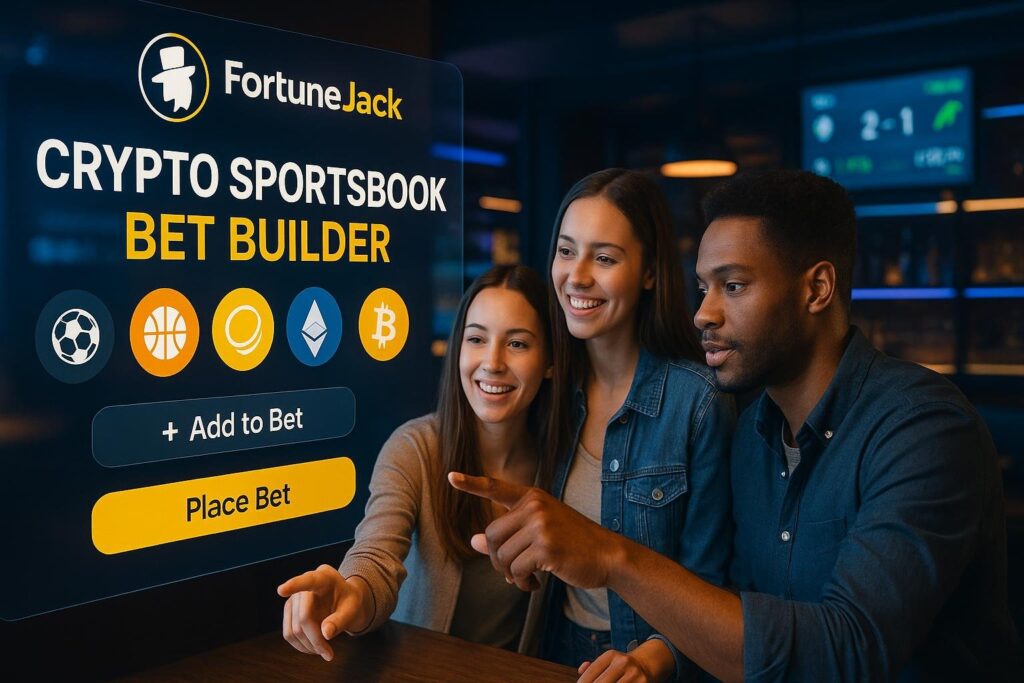 Three people engage with the FortuneJack Crypto Sportsbook Bet Builder touchscreen adding bets to their selection promoting online crypto betting and bet building features.