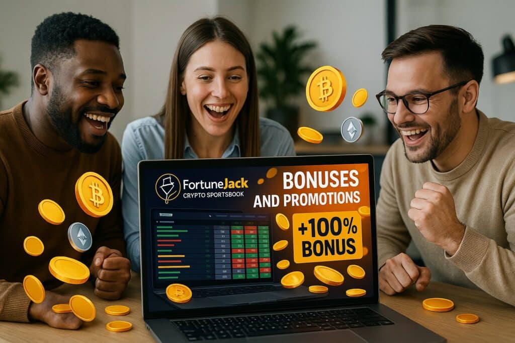 Three people excitedly react to a laptop screen displaying FortuneJack Crypto Sportsbook Betting Bonuses and Promotions highlighting a 100 percent bonus in crypto rewards.