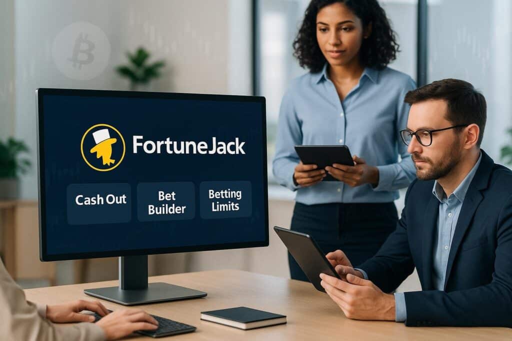 Office setting with a group viewing a computer displaying FortuneJack Crypto Sportsbook Features. Highlighted features include Cash Out, Bet Builder, and Betting Limits.