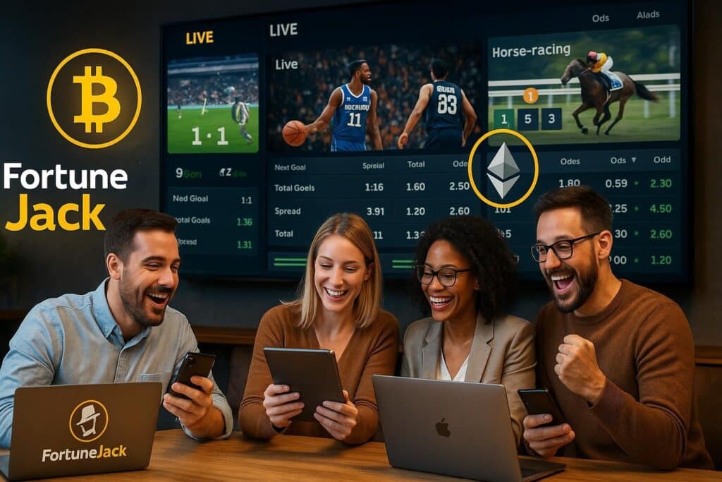 Group enjoying live sports betting on FortuneJack Crypto Sportsbook platform, cheering and using digital devices in a lively setting with sports displayed on screen.