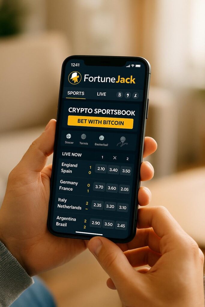 Person using the FortuneJack crypto sportsbook app for mobile betting showcasing user-friendly experience. Engage in diverse sports betting with cryptocurrency.