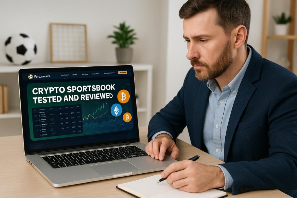 Man analyzing FortuneJack Crypto Sportsbook on laptop with charts and icons visible. Discover detailed information and insights on its features tested and reviewed.