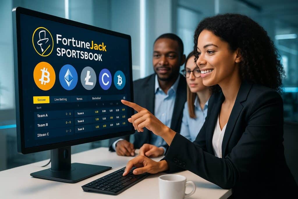FortuneJack Sportsbook Supported Cryptocurrencies are shown on a computer screen with people discussing Bitcoin and other digital currencies for online betting and gambling.