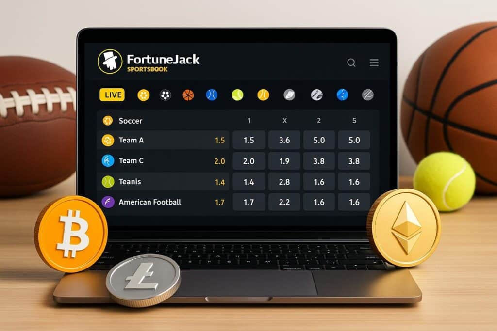 Laptop displaying FortuneJack Sportsbook interface with betting options for soccer and American football using cryptocurrency symbols like Bitcoin and Ethereum in the foreground.