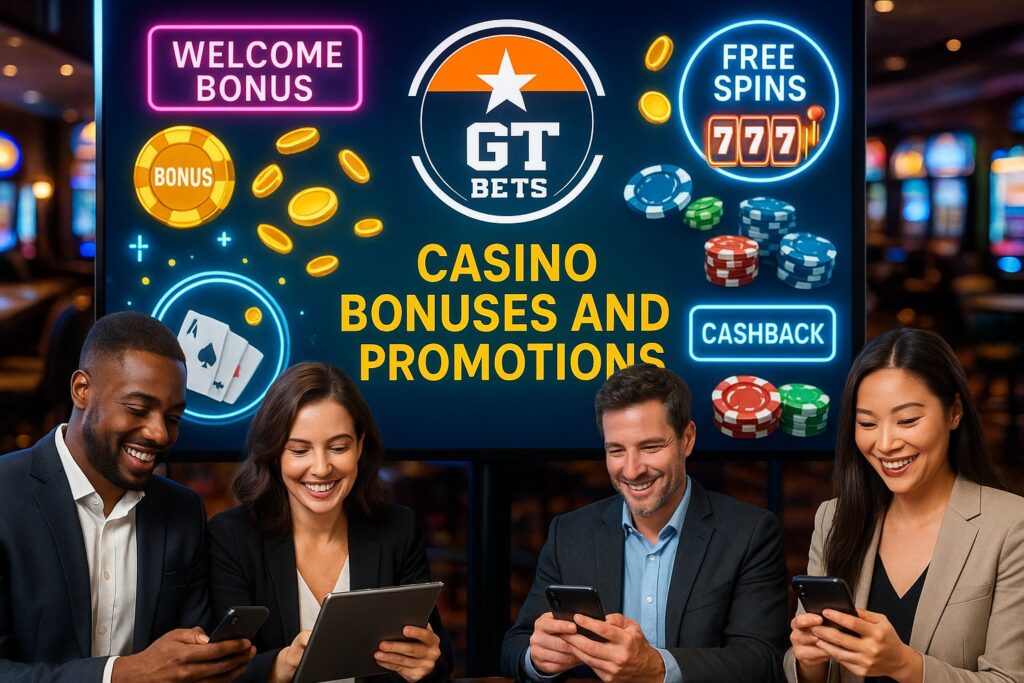People using devices in a lively casino environment with a GT Bets Casino display showcasing bonuses and promotions including welcome bonus and free spins.