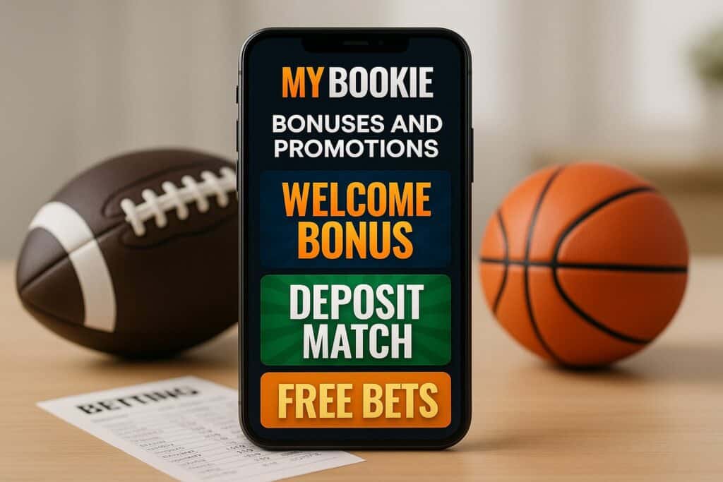 Smartphone displaying MyBookie Bonuses and Promotions welcome bonus deposit match and free bets against a background of football basketball and betting slip on a table.