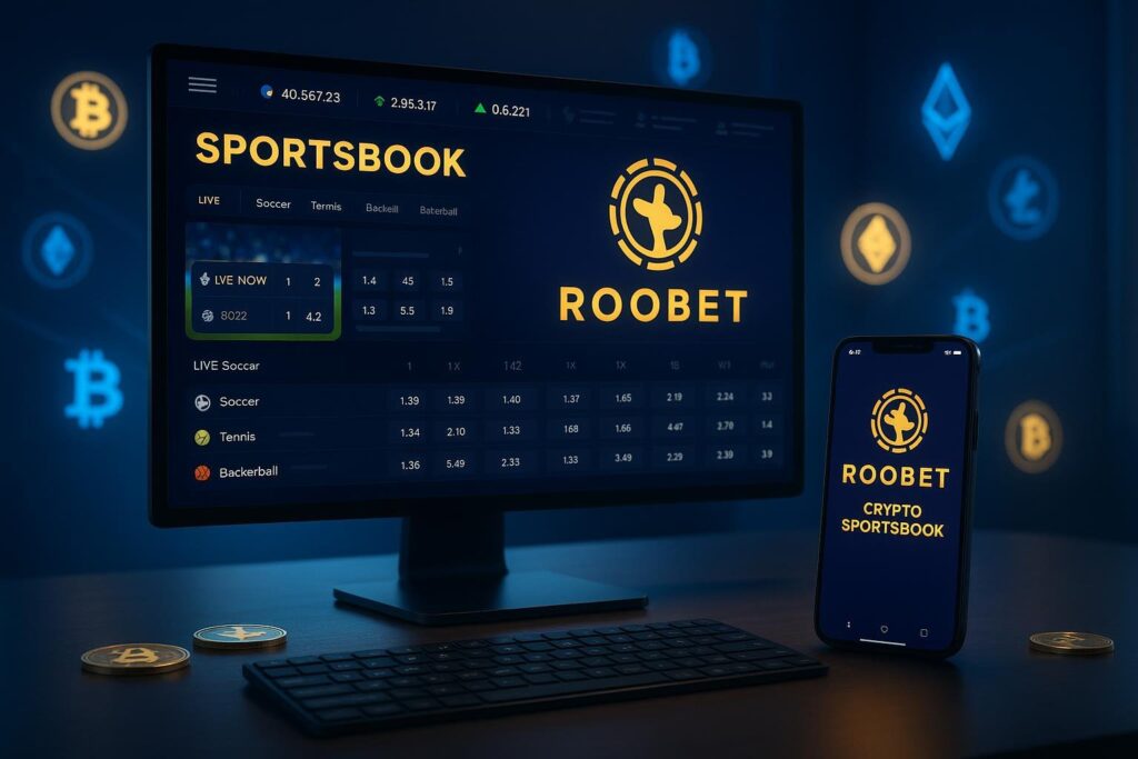 Roobet Crypto Sportsbook displayed on a desktop and mobile screen showcasing live betting options and cryptocurrency logos creating a dynamic sports betting experience.