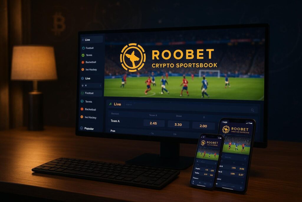 Alt text: Roobet Crypto Sportsbook interface showcasing live streaming of sports events on a desktop and mobile screens for an enhanced betting experience.