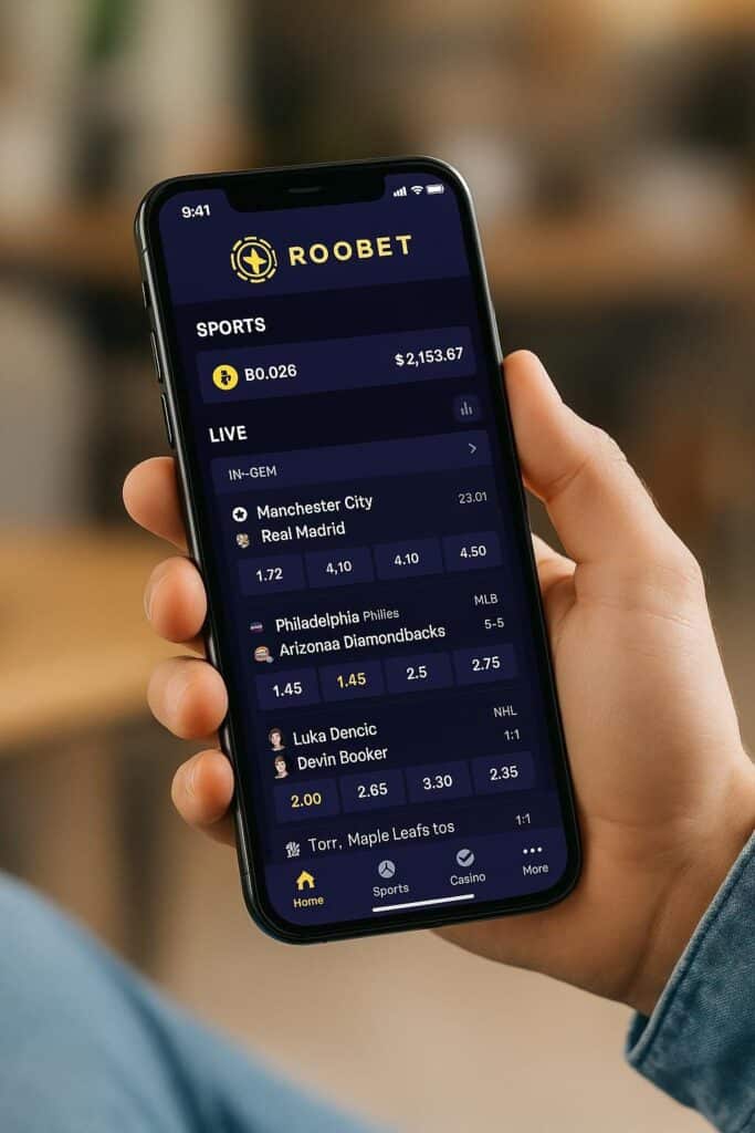 Person using Roobet Crypto Sportsbook Mobile App displaying live sports betting options and odds on smartphone screen. Innovative mobile solution for crypto sports betting.