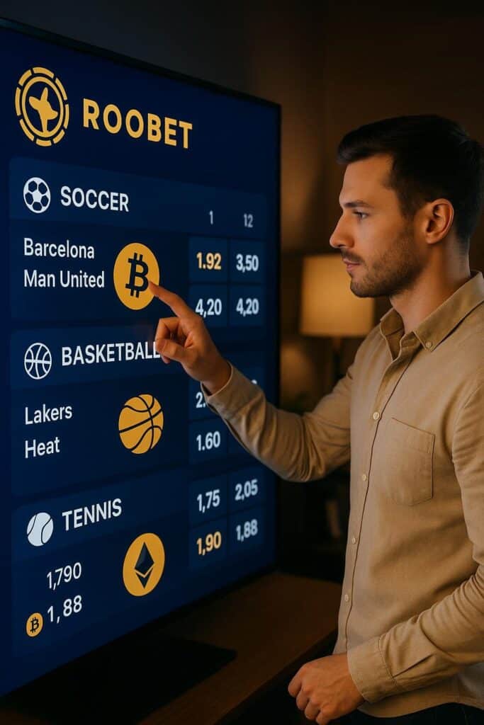 Man analyzing Roobet Crypto Sportsbook Odds on a digital screen showing soccer, basketball, and tennis betting options with cryptocurrency symbols for modern betting.
