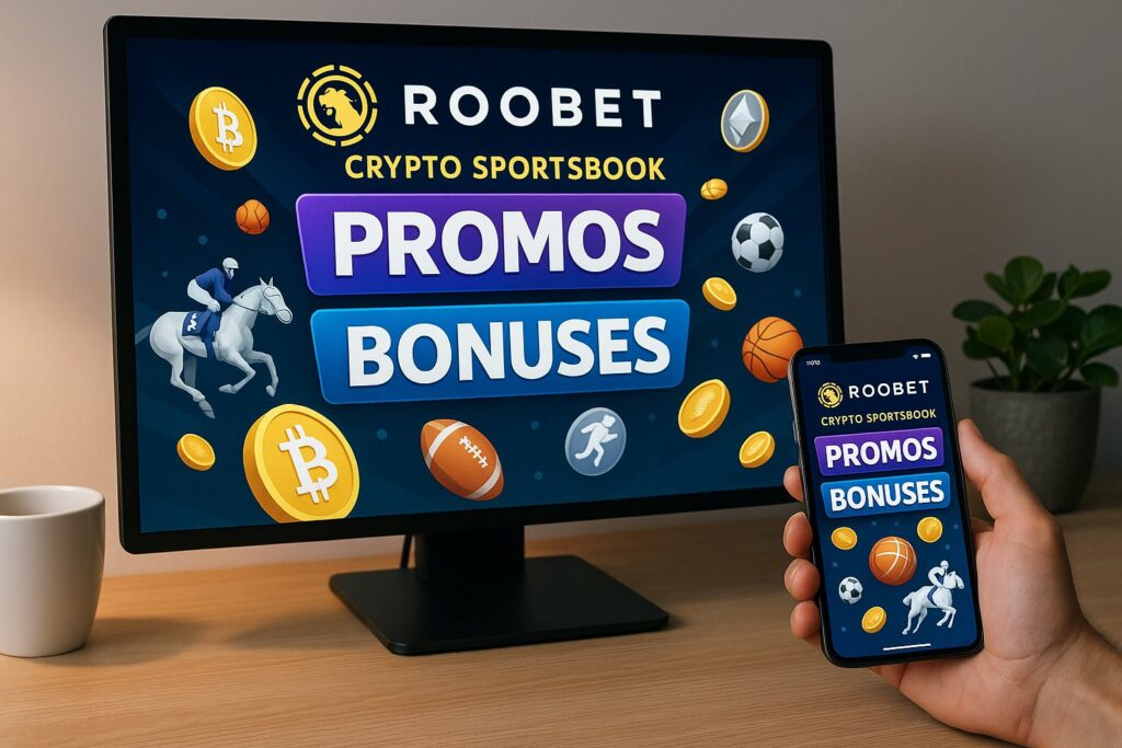 Roobet Crypto Sportsbook showcases exciting promos and bonuses on a desktop and smartphone screen highlighting opportunities for crypto sports betting enthusiasts.
