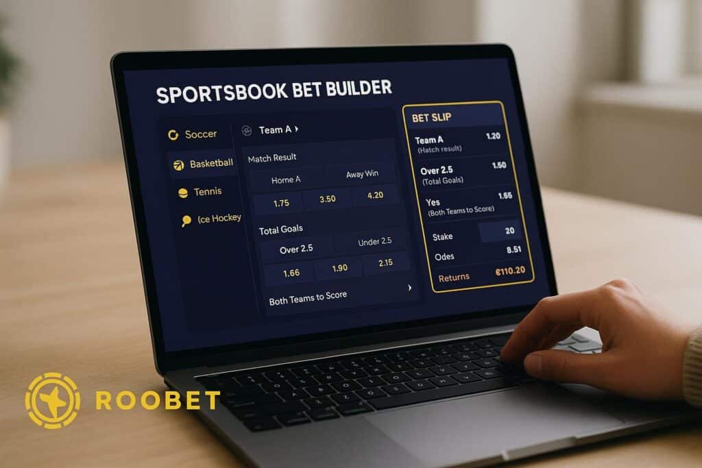 Person using Roobet Sportsbook Bet Builder on laptop creating custom bets with options for soccer tennis and ice hockey. Optimize your betting strategy with ease.