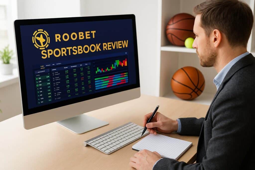 Man reviewing Roobet Sportsbook Review on computer screen showcasing betting statistics and graphs. Perfect for those seeking insights into Roobet's betting platform analysis.