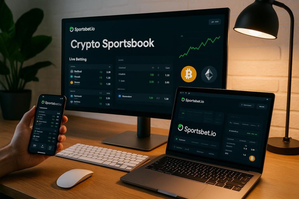 Modern workspace featuring SportsBet.io Crypto Sportsbook displayed on multiple screens showcasing live betting and cryptocurrency options for a cutting-edge betting experience.